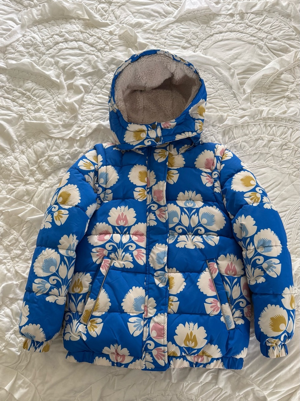 NWOT Mini Boden 2-in-1 Padded Puffer Coat Egyptian Blue Floral 9-10Y